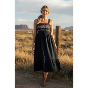 Roper Indy Lite Denim Embroidered Smocked Sundress Flounce Hem Sz L NWT Cowgirl